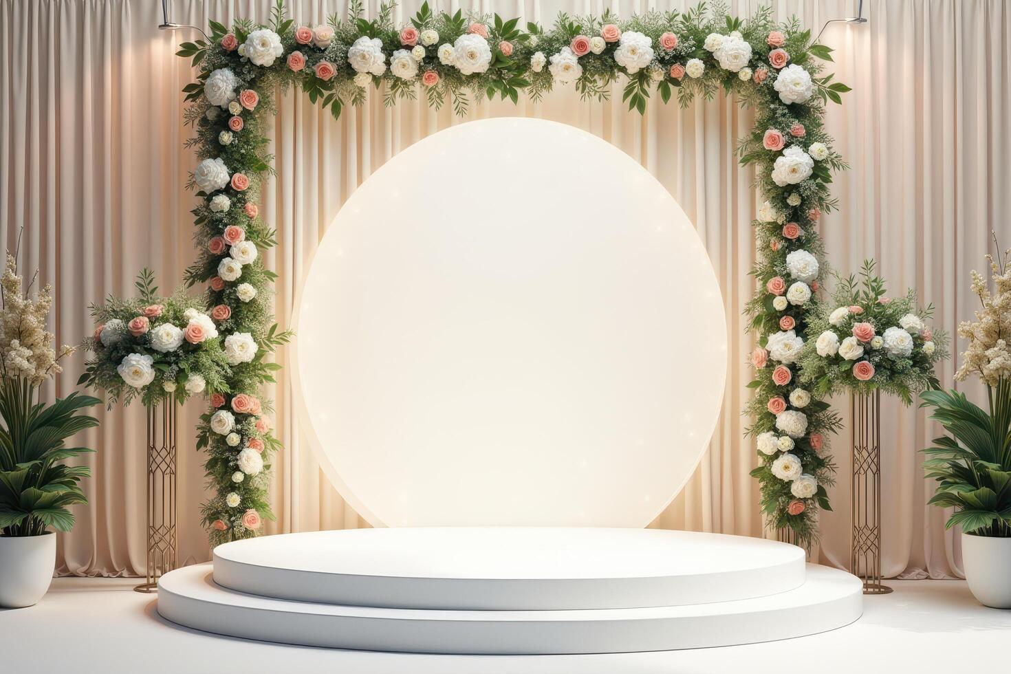 White Circular Podium Decorated with Floral Arch and Curtains photo