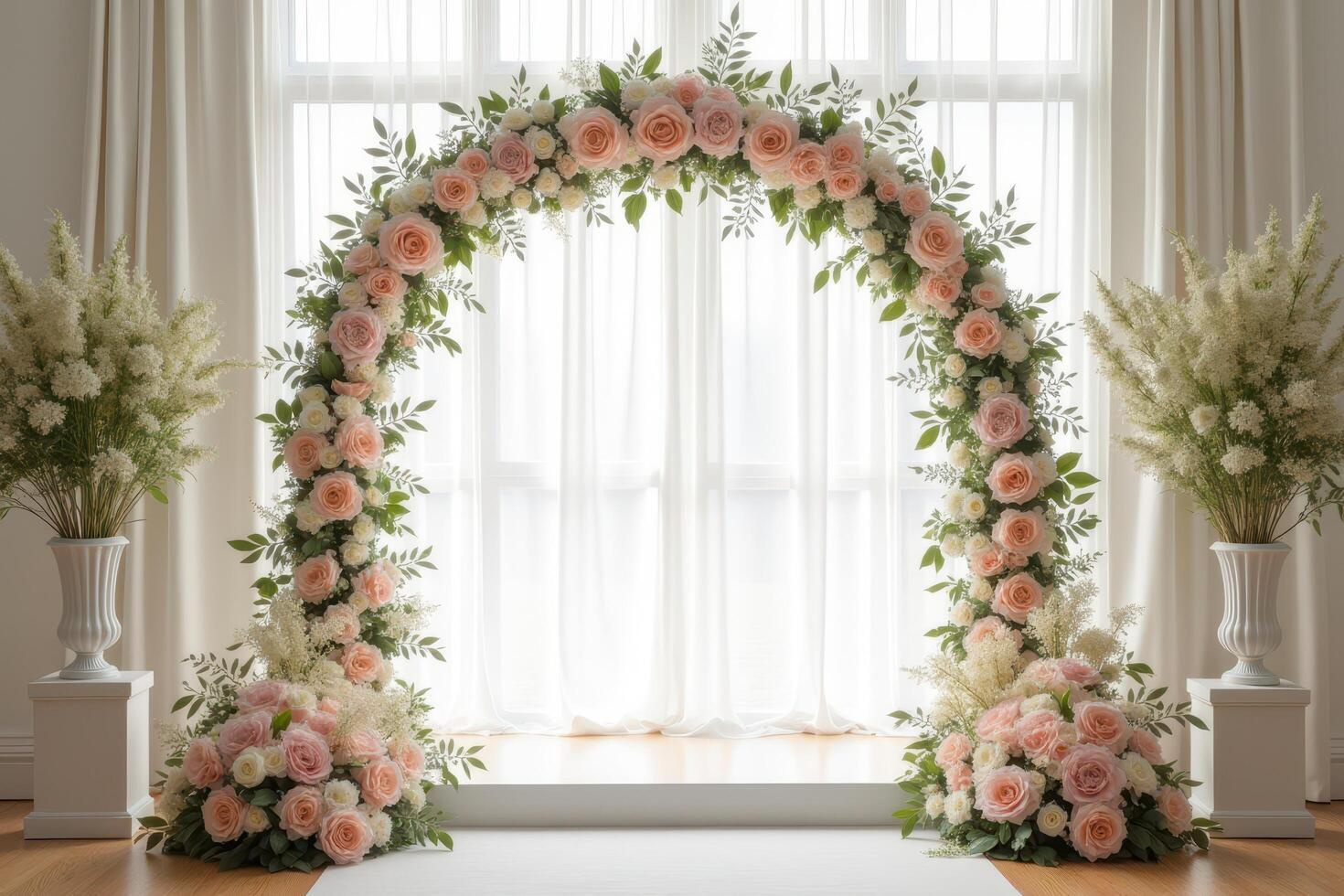 Floral Archway with Pink Roses and Greenery in a Window photo