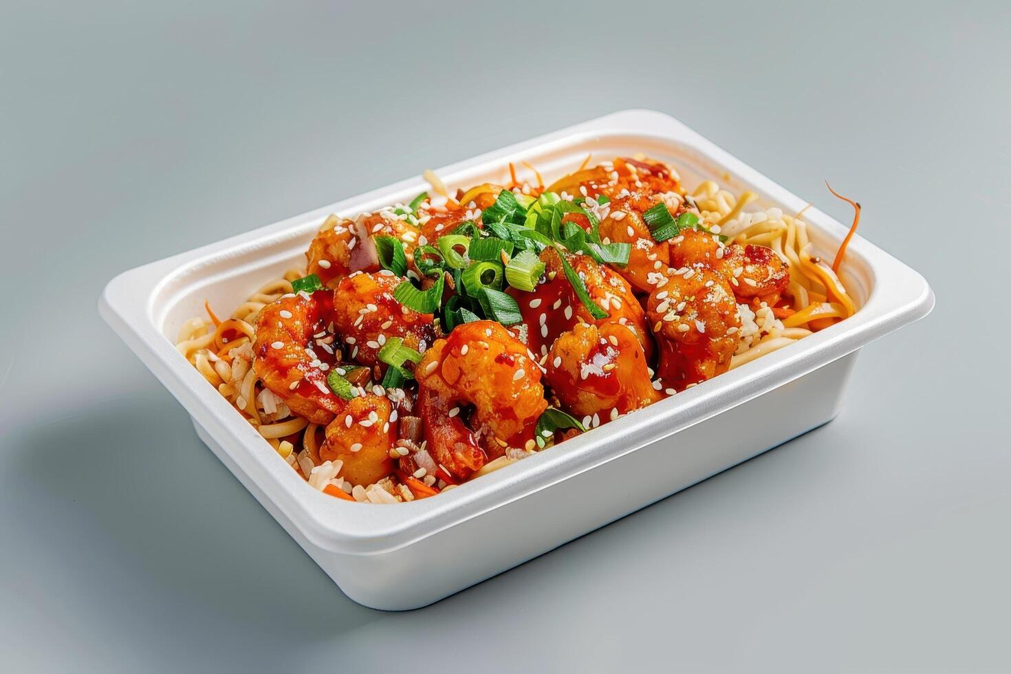 Glazed Shrimp with Sesame Seeds and Green Onions in a White Container photo