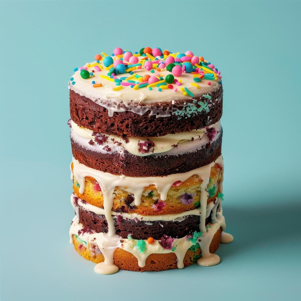 Multi-Layered Cake with Drizzled Icing and Colorful Sprinkles photo
