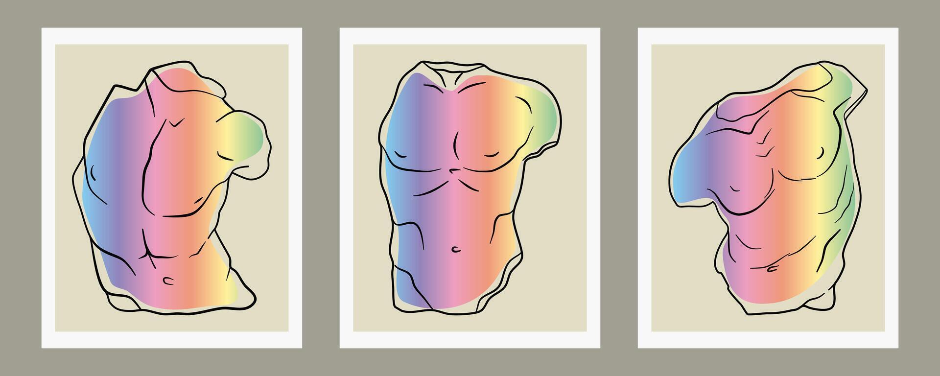 Antique ancient sculpture set. Linear illustrations of classic statues in trendy style. Masculine beauty concept. vector