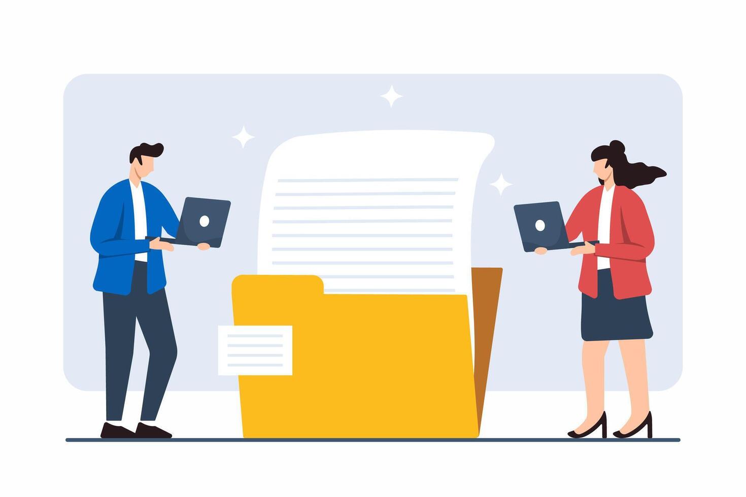 Flat illustration of business people working with paper document file folder vector