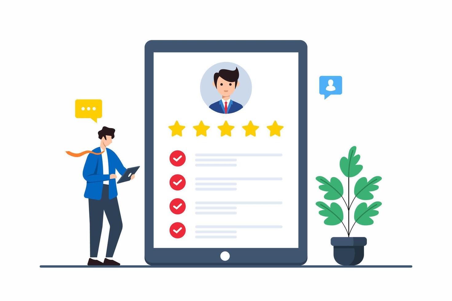 Flat illustration of person using digital tablet to review customer feedback and satisfaction ratings vector