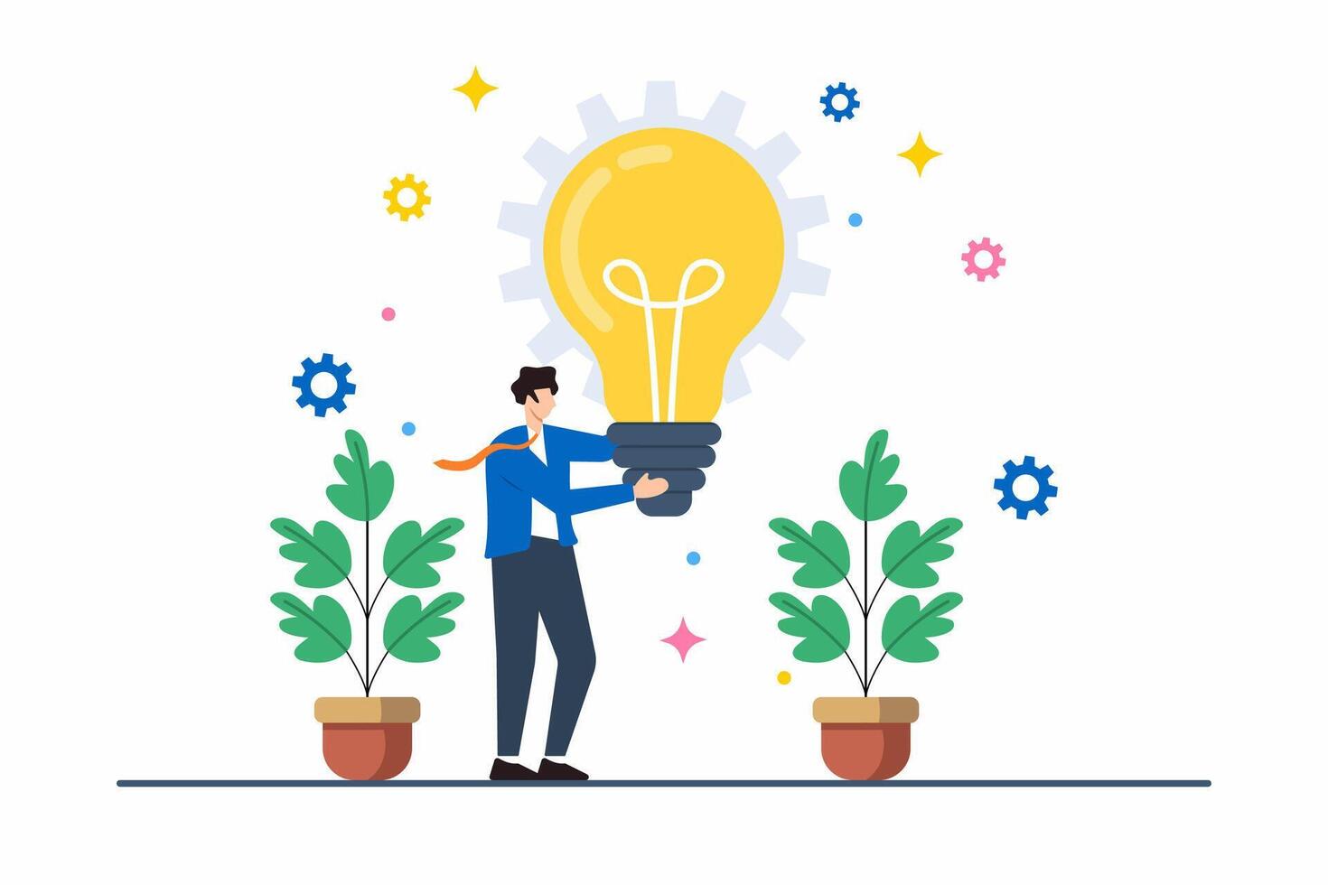 Flat illustration of person holding giant lightbulb symbolizing innovative idea and creative thinking vector