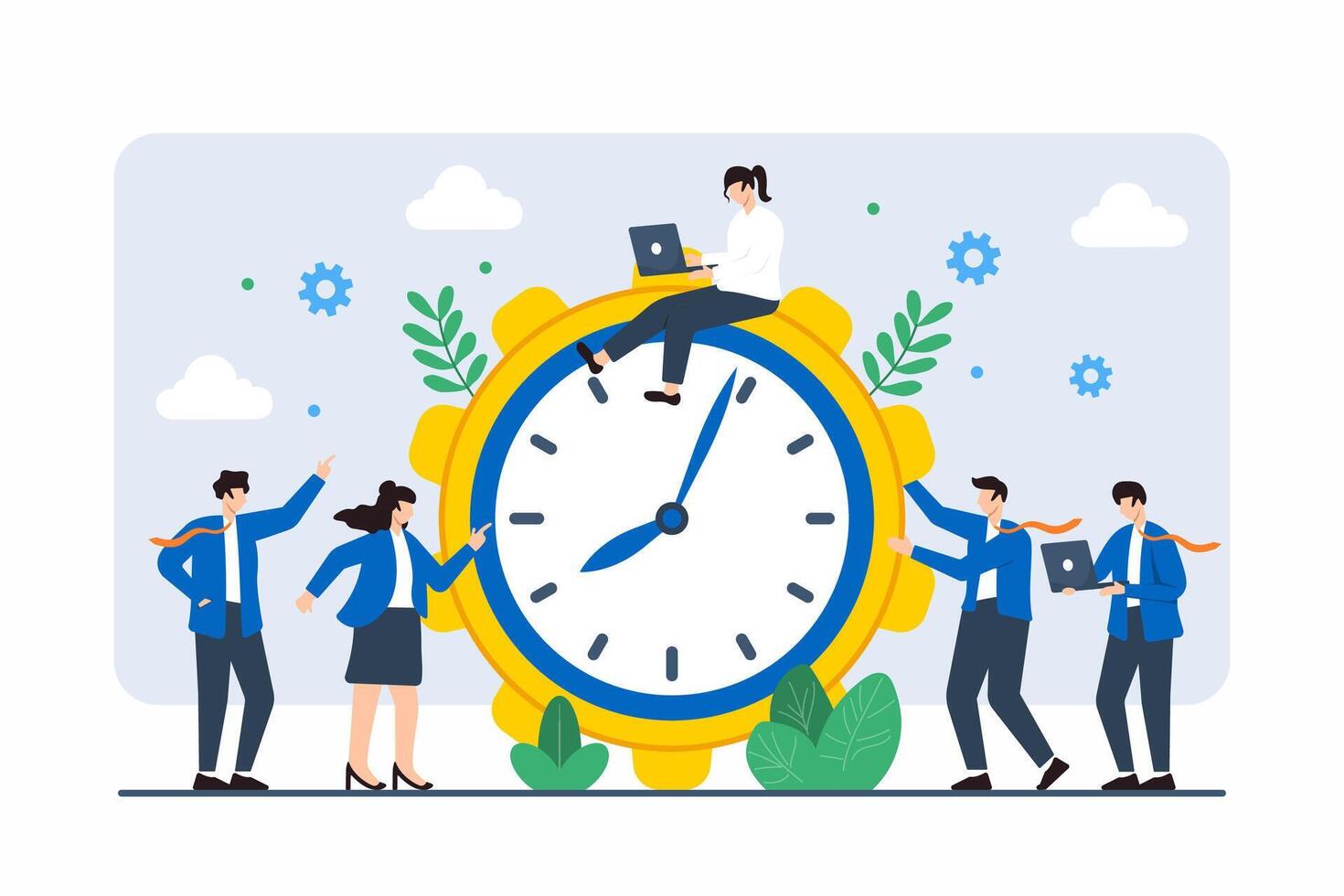 Flat illustration of colleagues with giant clock cogwheel, symbolizing time management and efficiency vector