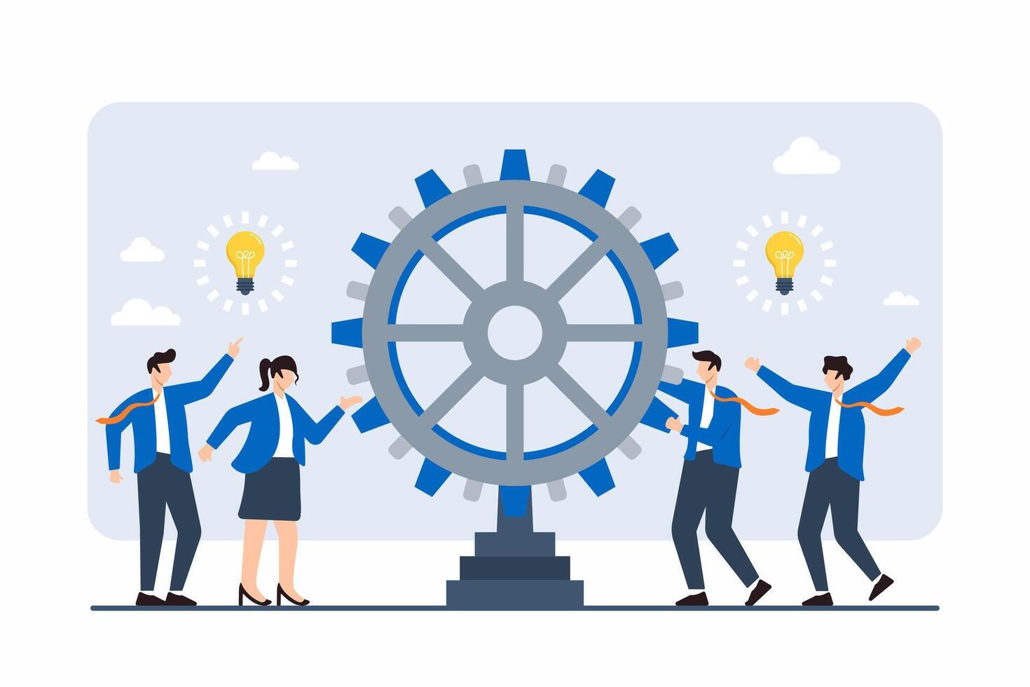 Flat illustration of employees steering giant cogwheel, symbolizing driving innovation and progress vector