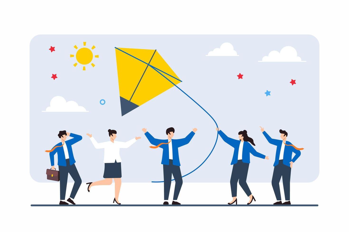 Flat illustration of professionals launching kite, symbolizing the start of new venture vector