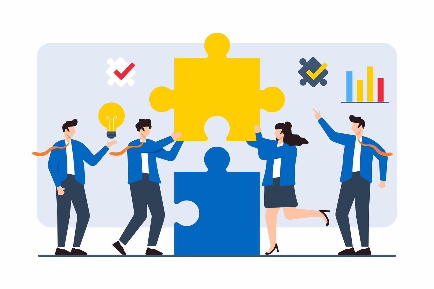 Flat illustration of team lifting giant puzzle piece to complete strategic business solution vector
