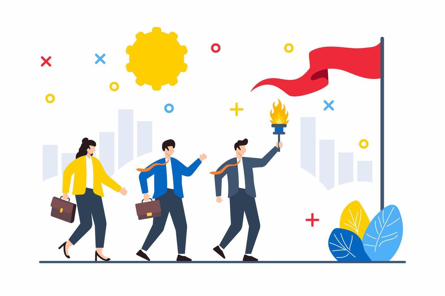 Flat illustration of person holding torch leading team to corporate victory flag vector