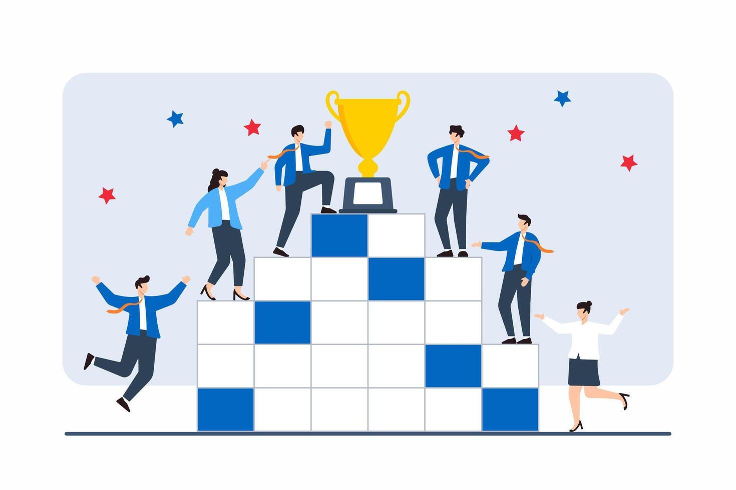 Flat illustration of team members building tower of achievements with stacked boxes vector