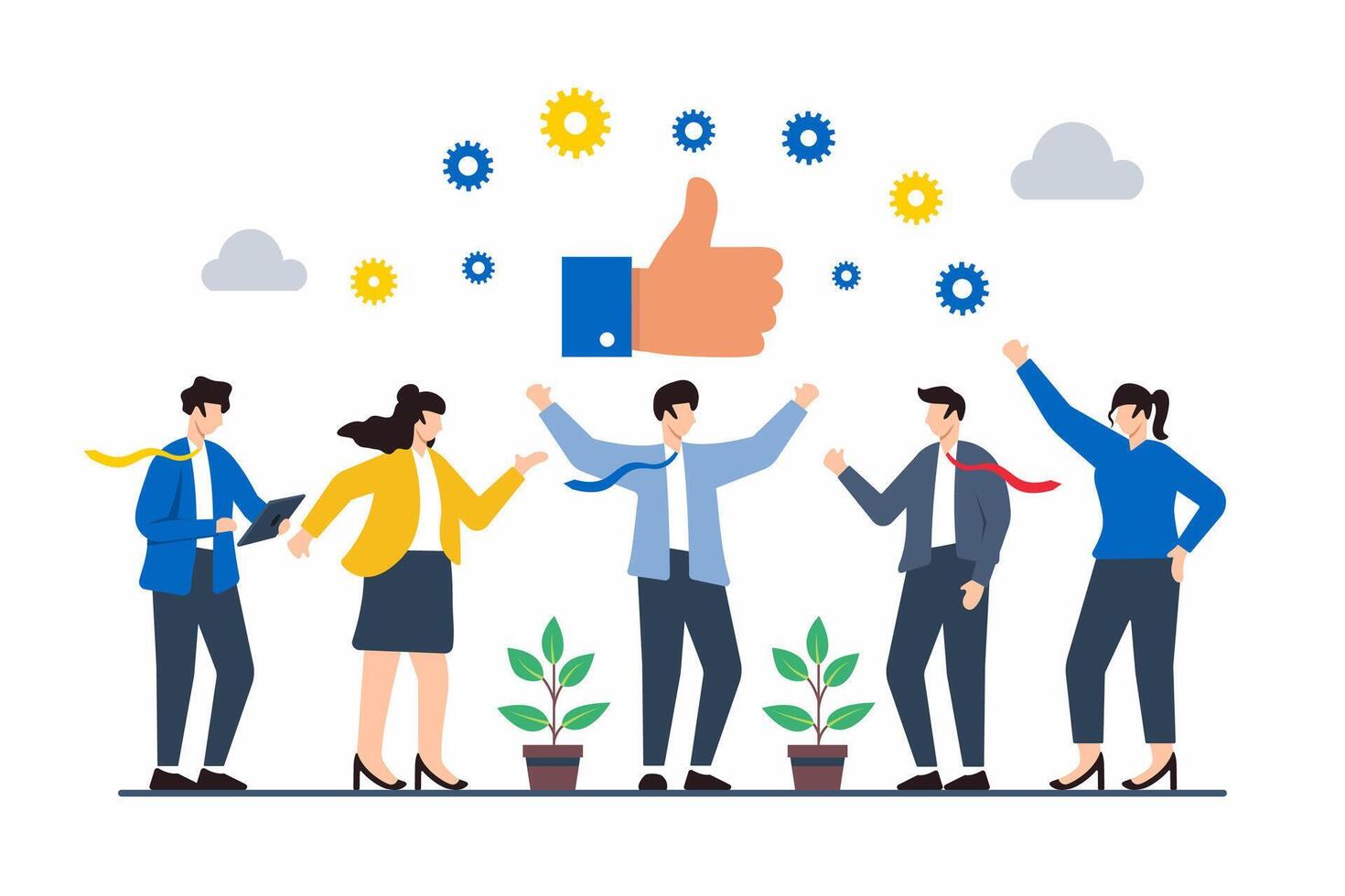 Flat illustration of people giving thumbs-up to colleague for outstanding teamwork and collaboration vector