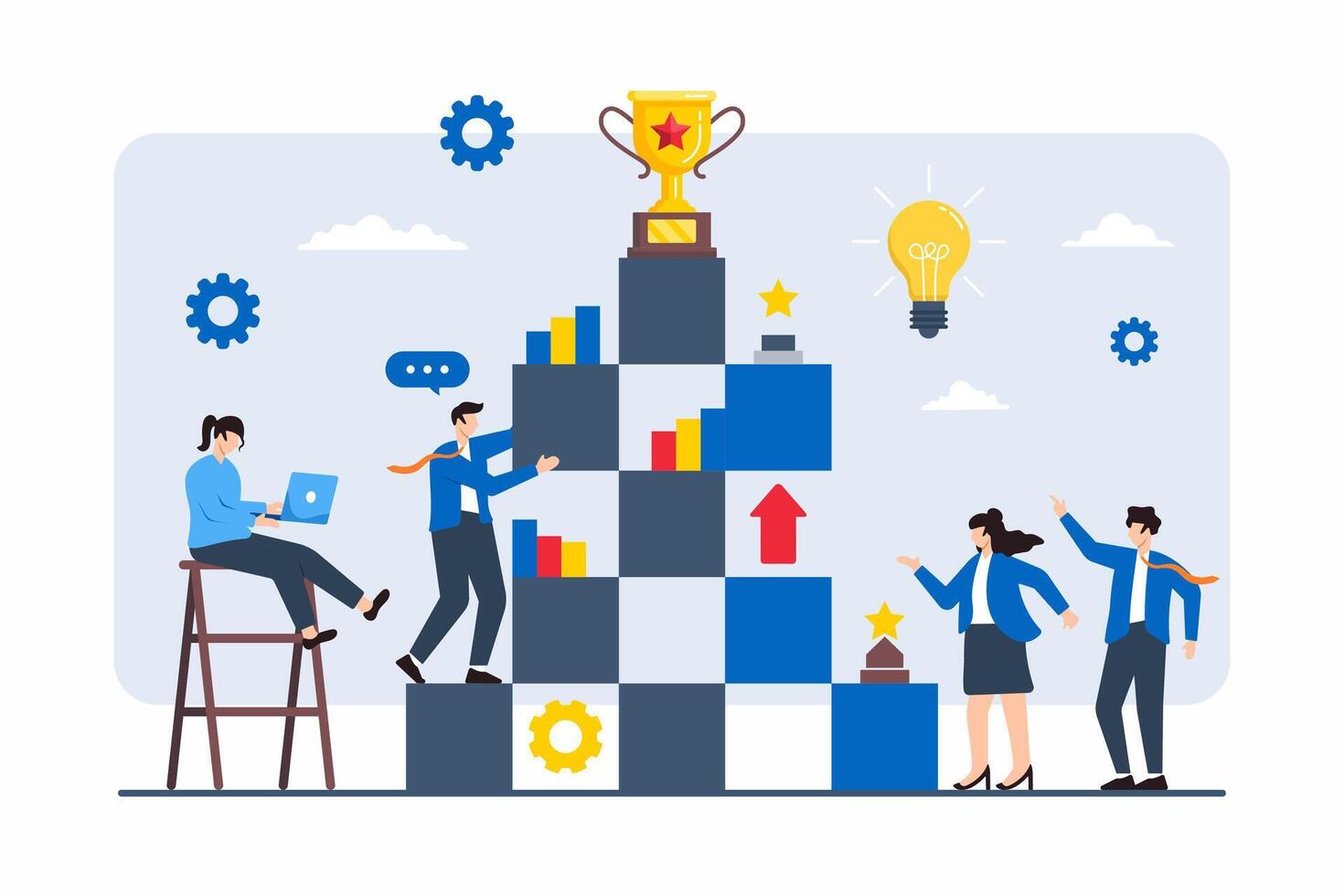 Flat illustration of team working together to build pyramid of success with blocks vector