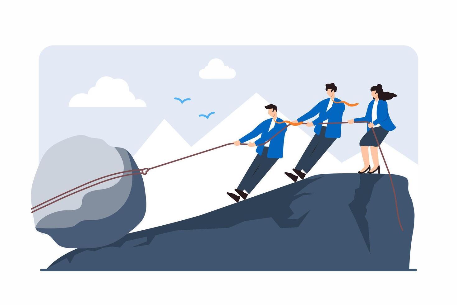 Flat illustration of professionals pulling heavy boulder uphill, symbolizing overcoming business challenges vector