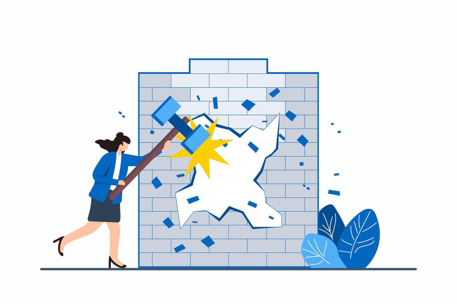 Flat illustration of woman breaking through wall with sledgehammer symbolizing overcoming barriers to new opportunities vector