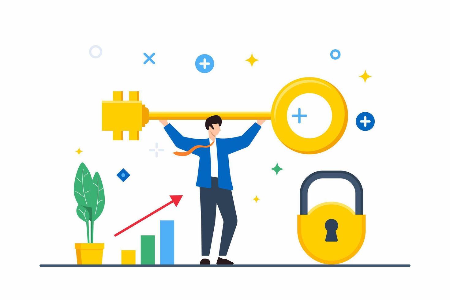 Flat illustration of man unlocking potential with golden key in business success scenario vector