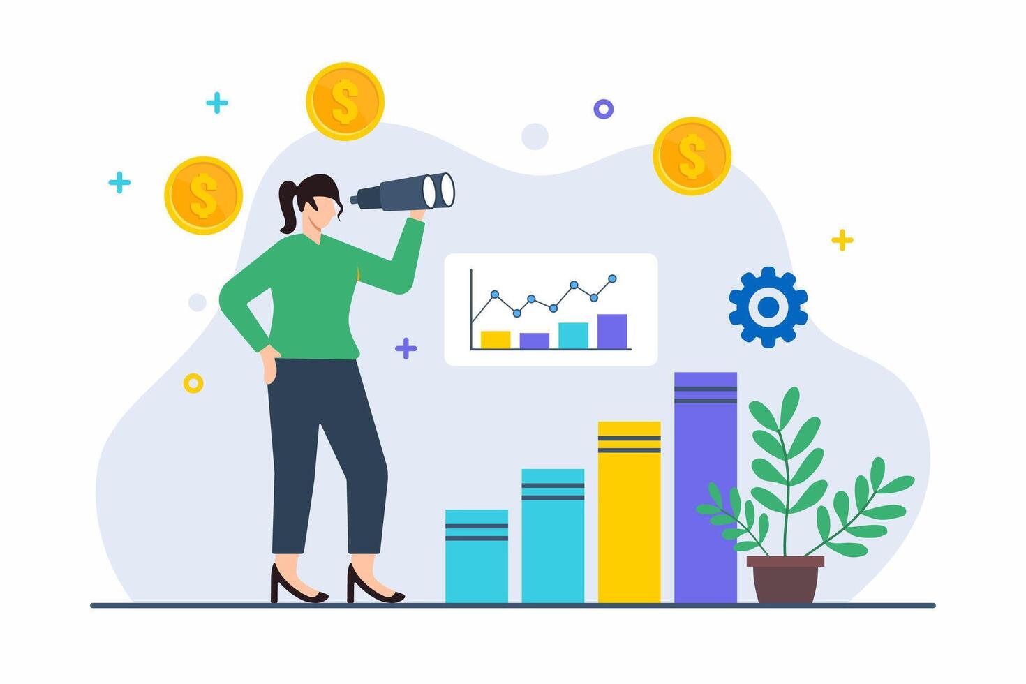 Flat illustration of woman using binoculars to spot business opportunities in digital marketplace vector