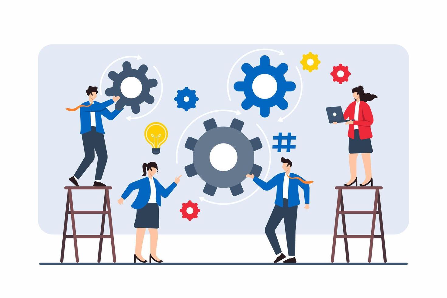 Flat illustration of employees piecing together complex business strategy with gear icons vector