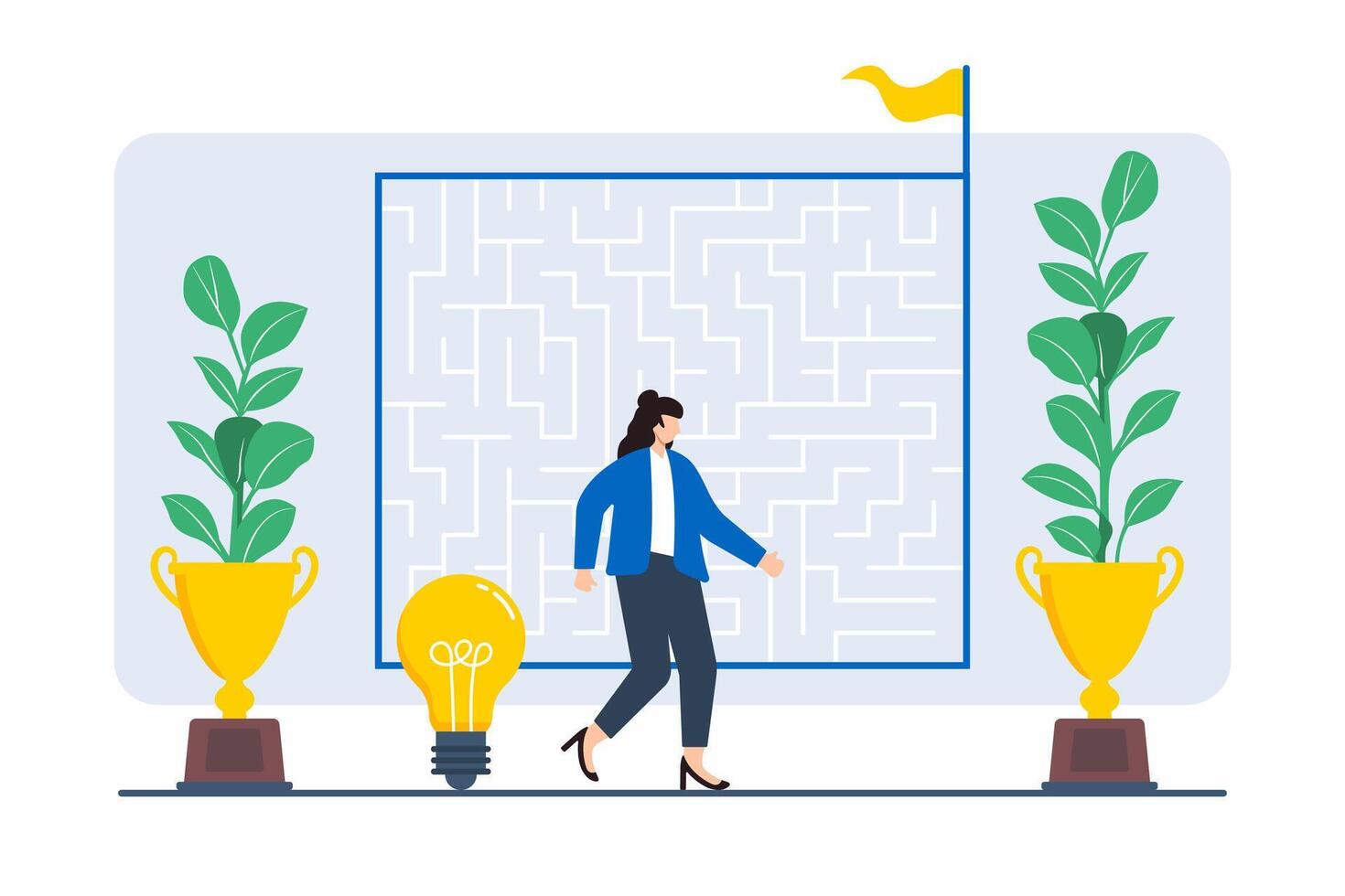 Flat illustration of woman rerouting maze to represent overcoming career obstacles and finding new opportunities vector