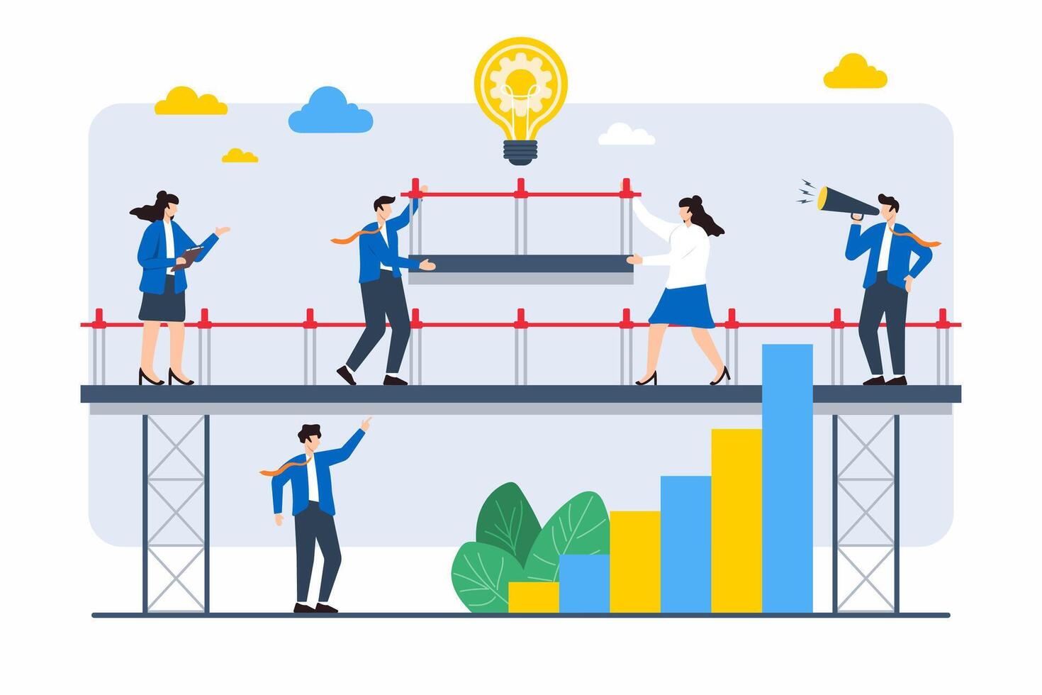 Flat illustration of team members constructing bridge to connect two business goals vector