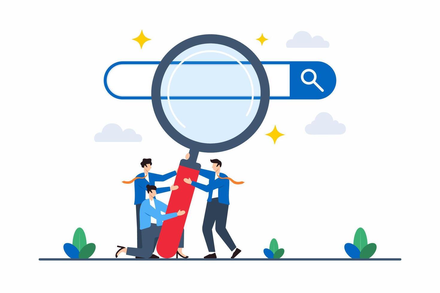 Flat illustration of business people HR push magnifying glass on search bar vector