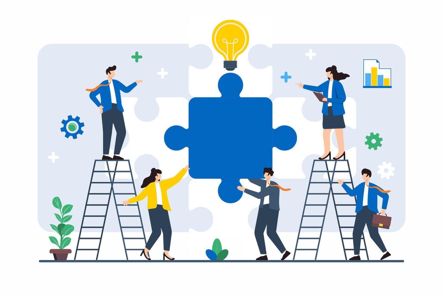 Flat illustration of team guiding large puzzle piece into place, symbolizing completing business strategy vector