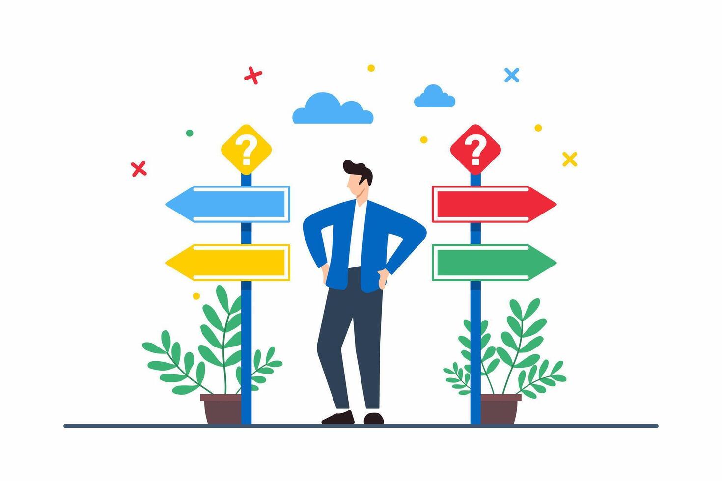 Flat illustration of man standing at crossroads with multiple signposts symbolizing career choices and life directions vector