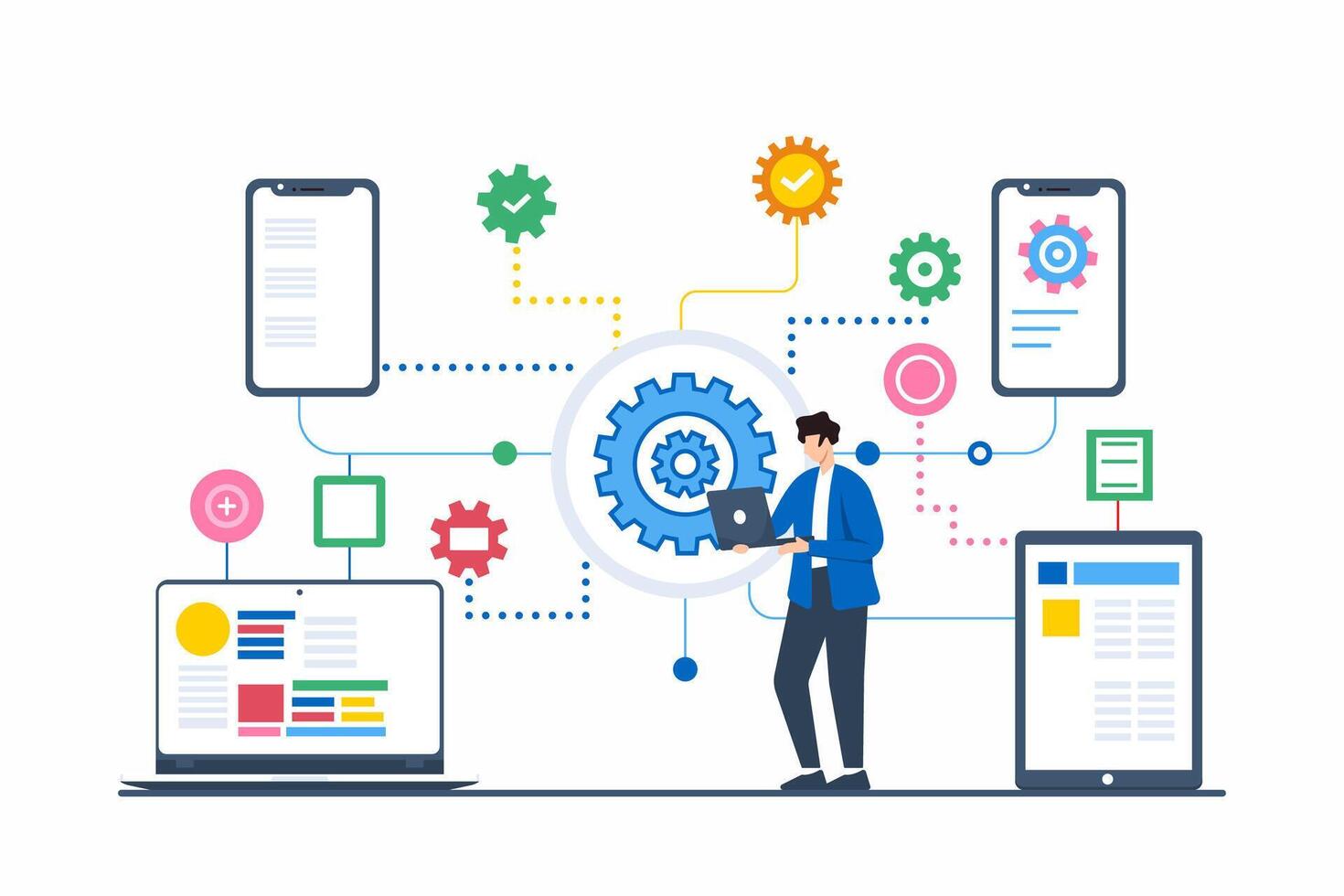 Flat illustration of developer integrating APIs for seamless cross-platform data synchronization vector