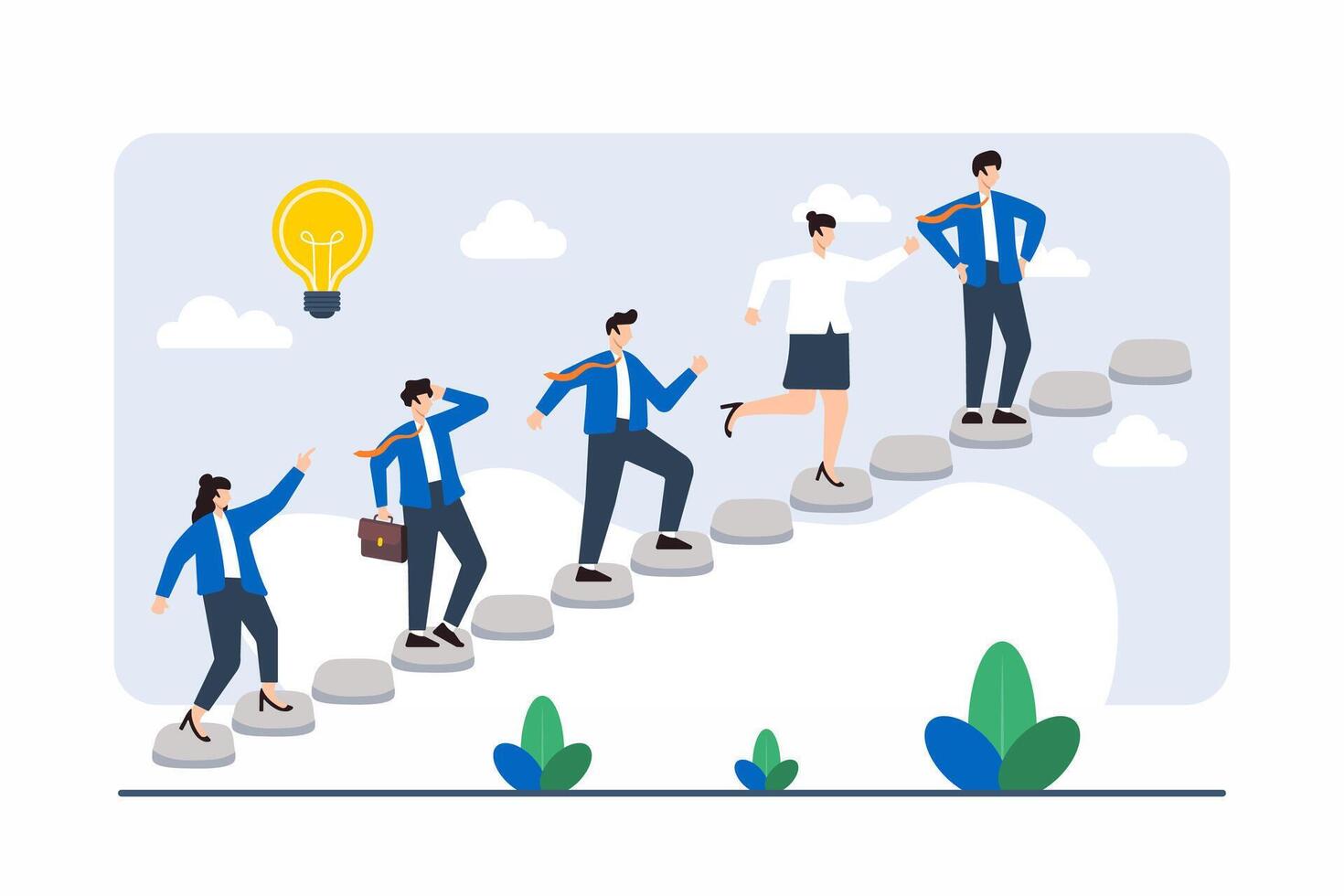 Flat illustration of team constructing path with stepping stones, symbolizing gradual progress vector