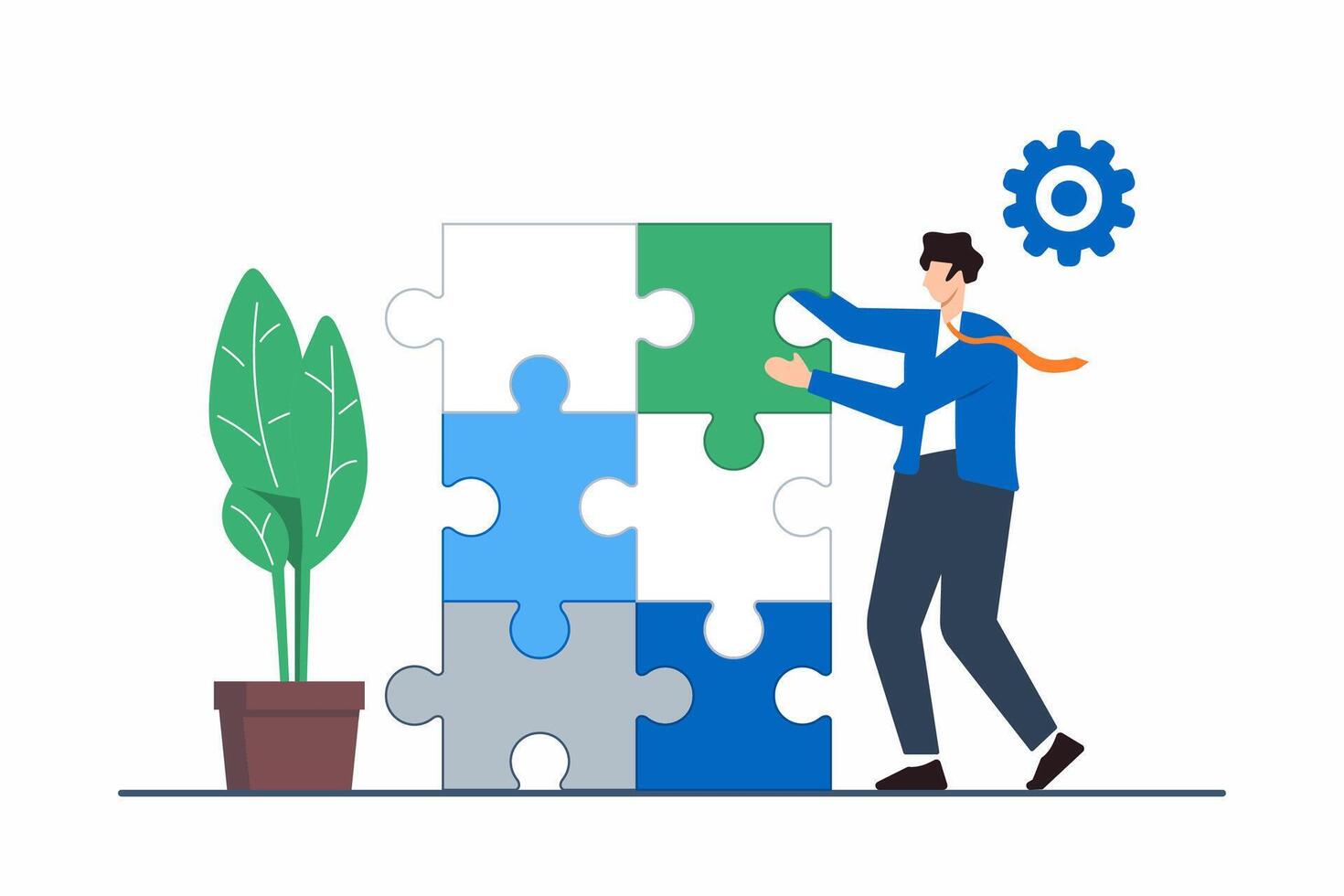 Flat illustration of person assembling puzzle pieces into new shape representing restructuring and adaptation in career vector