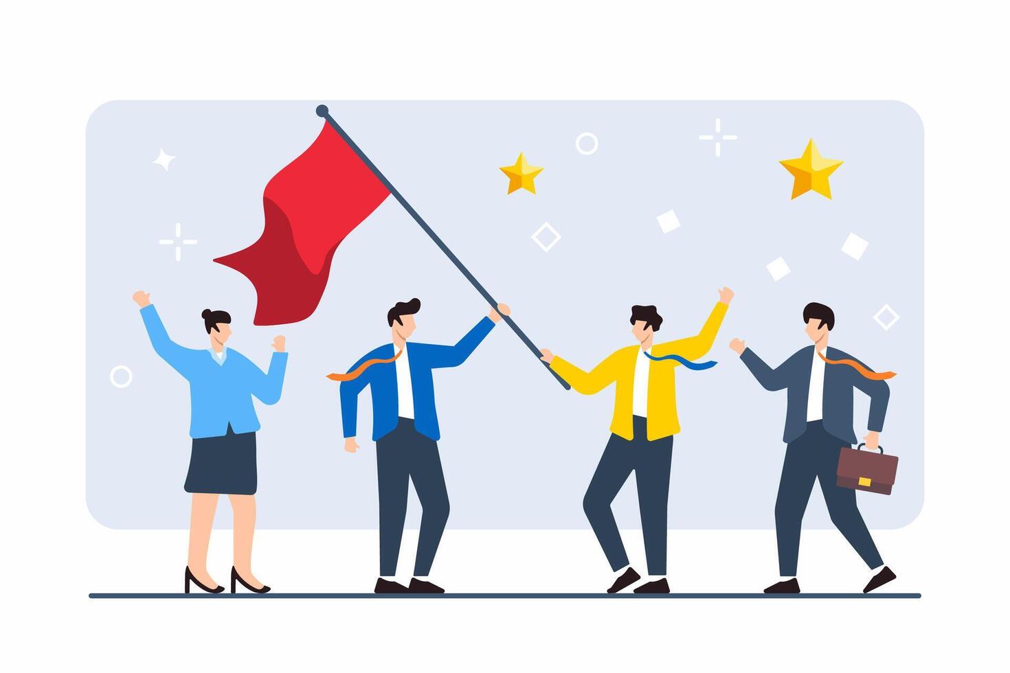 Flat illustration of colleagues working together to raise flag, representing achieving business milestones vector