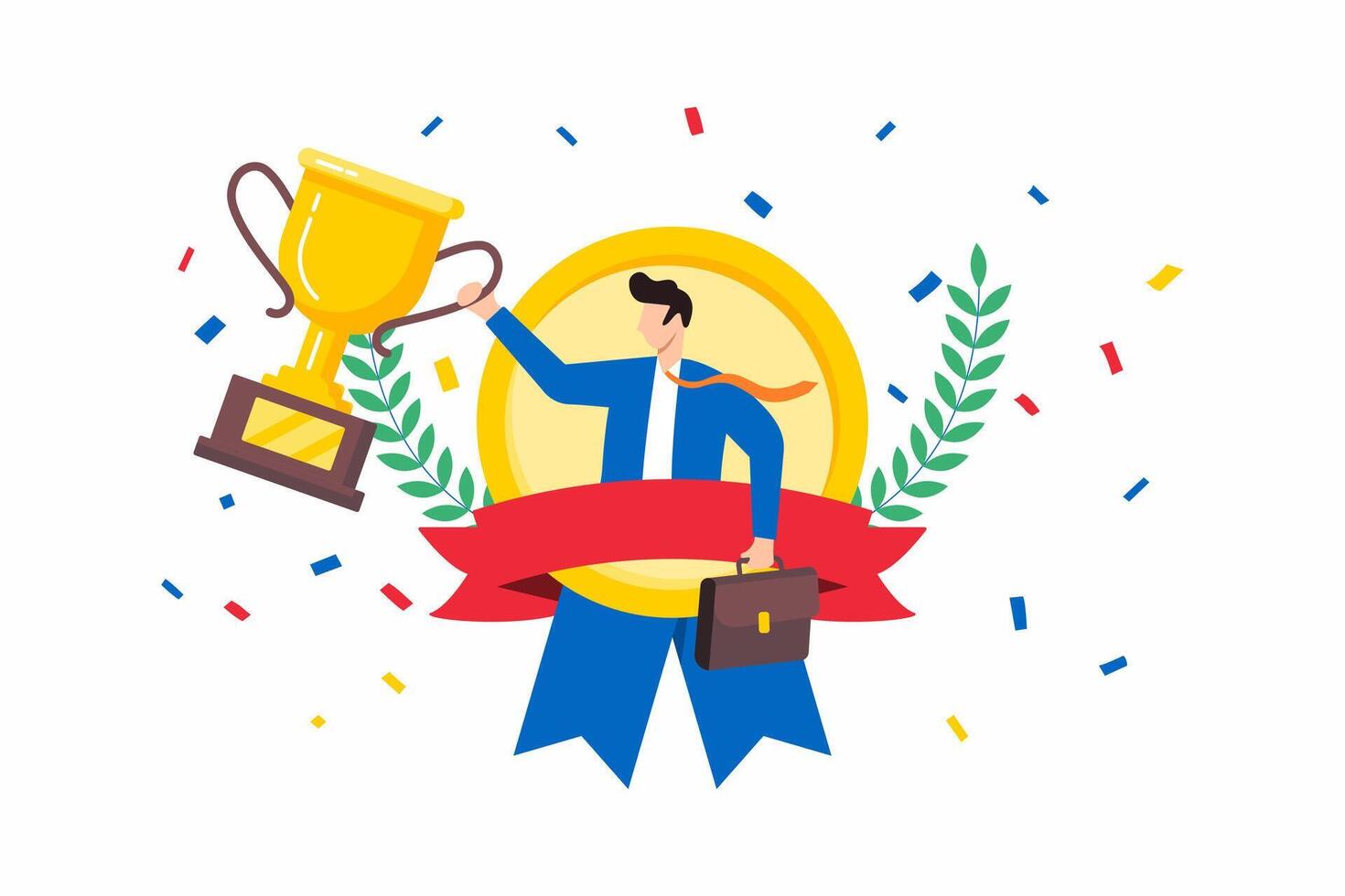 Flat illustration of businessman holding trophy badge with confetti vector
