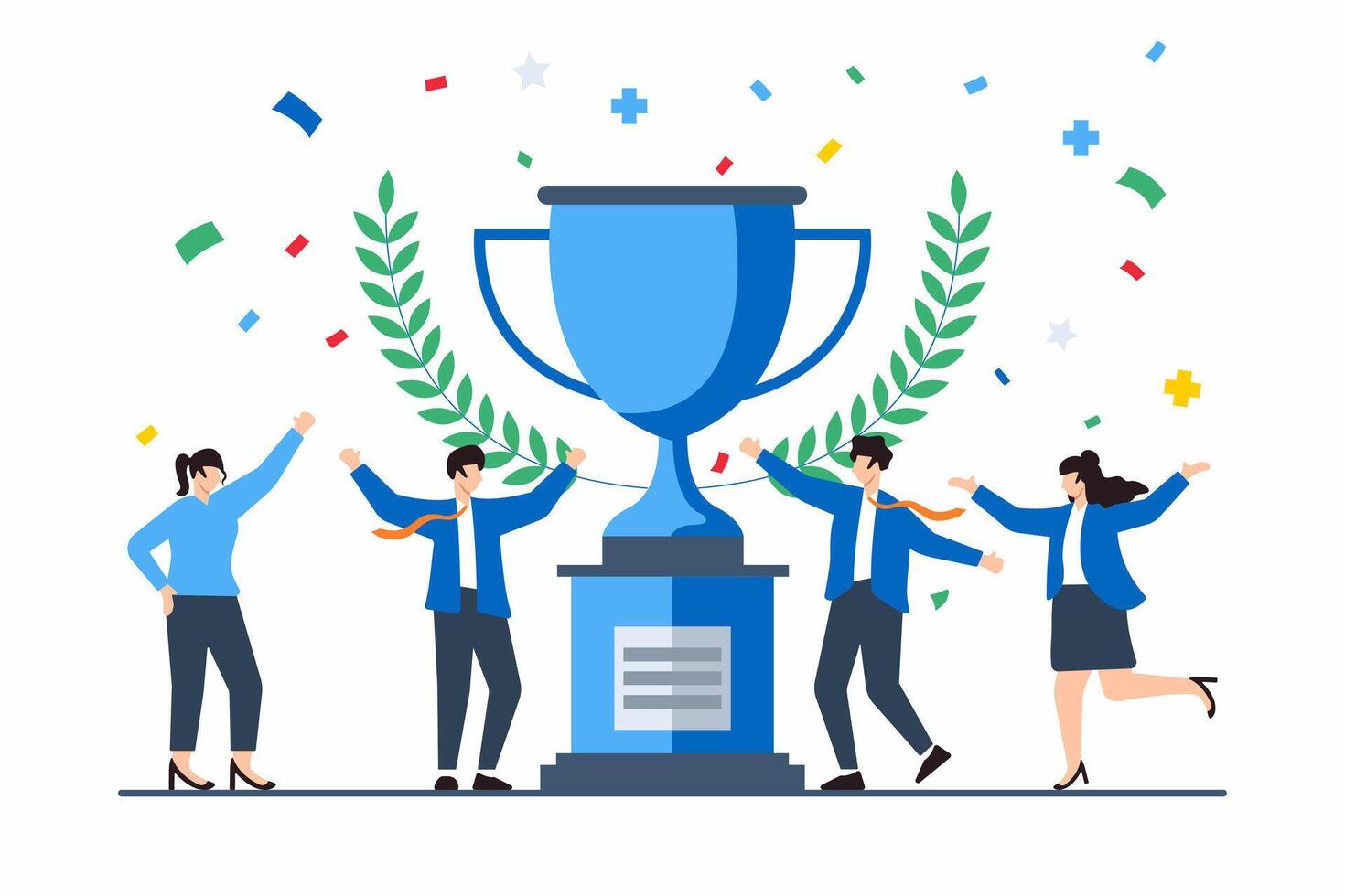 Flat illustration of people celebrating successful project milestone with trophy and confetti vector