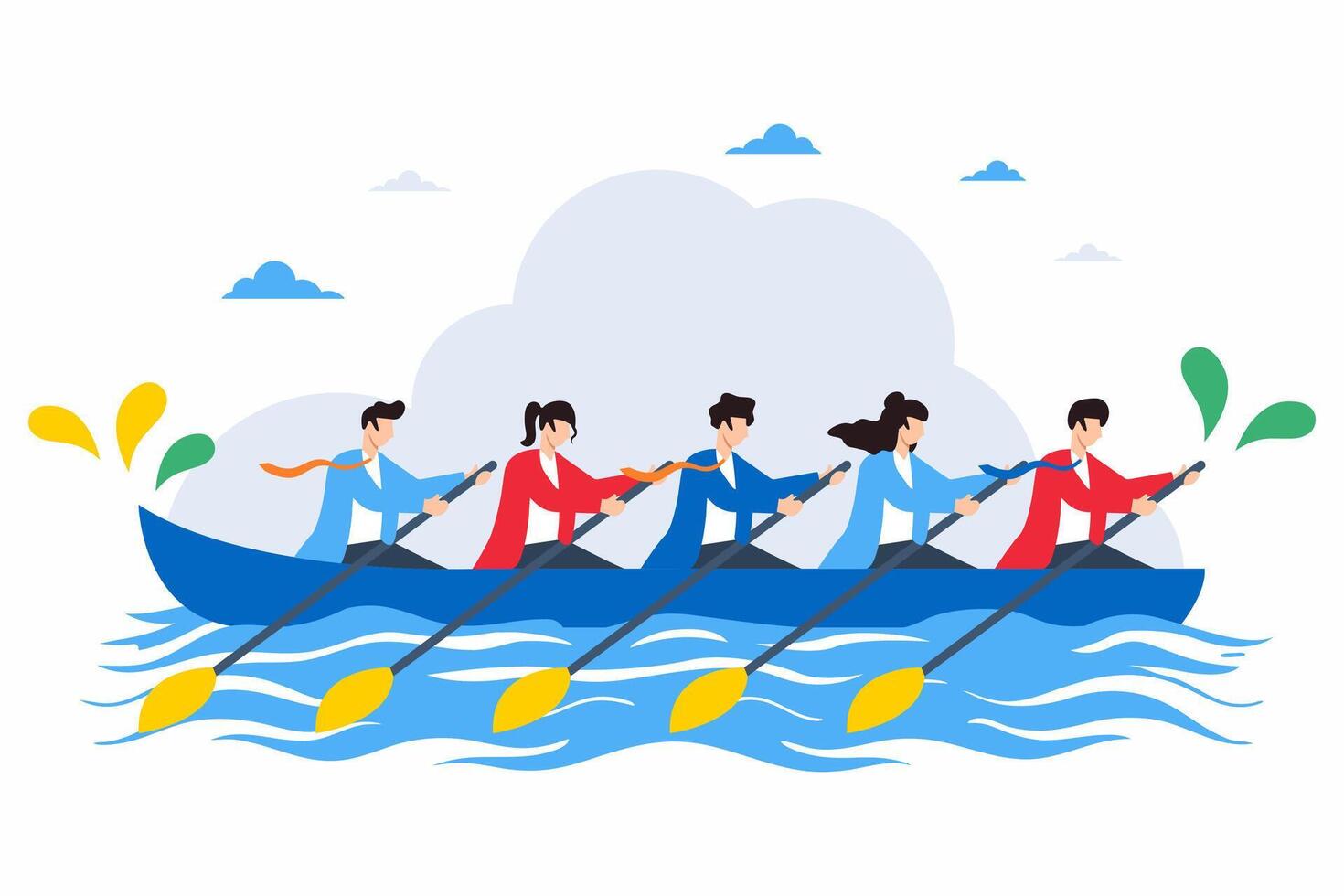 Flat illustration of employees rowing boat in unison, representing teamwork and synergy vector
