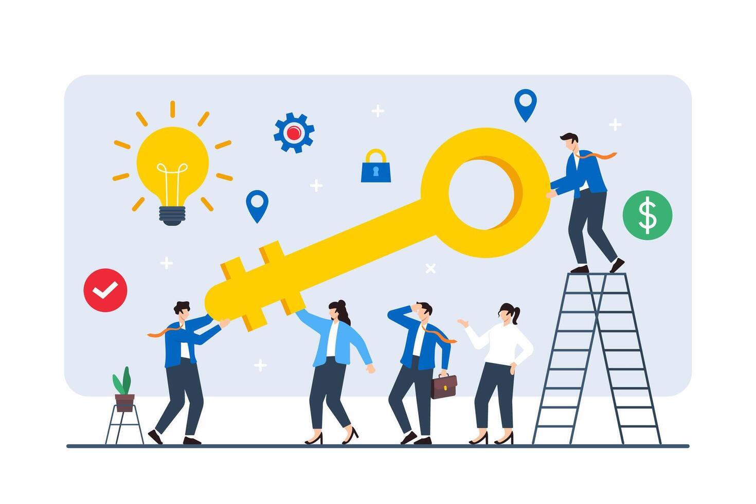 Flat illustration of team members with giant key to unlock business potential vector