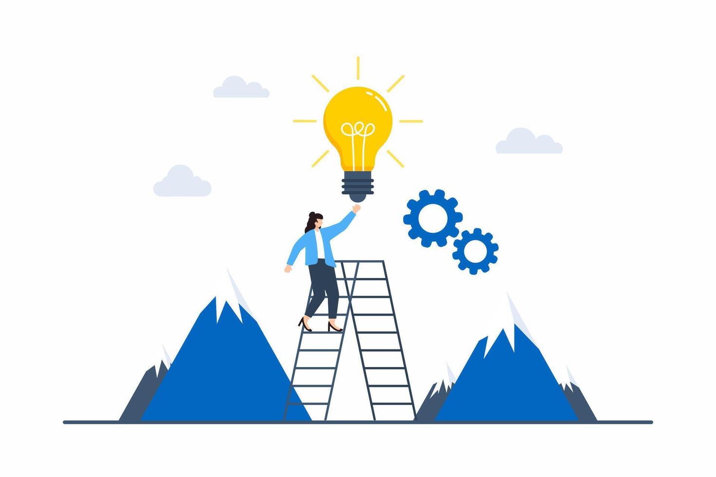 Flat illustration of woman climbing ladder to reach innovation summit as top creative leader vector