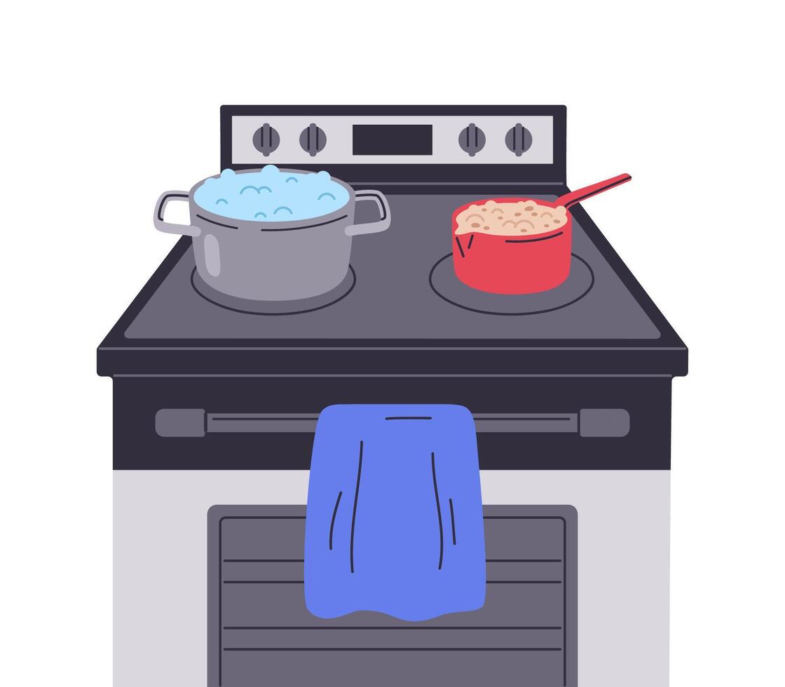 Dishes on stove. Boiling water and porridge in pan on electric cooker, food preparing flat illustration. Breakfast or dinner cook on stove vector