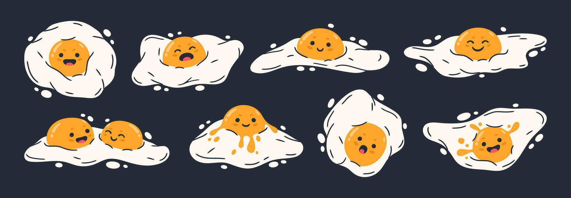 Fried eggs mascots. Funny chicken eggs characters, cute comic eggs for breakfast with facial emotions flat illustration set. Cartoon fried egg mascots with humorous faces vector