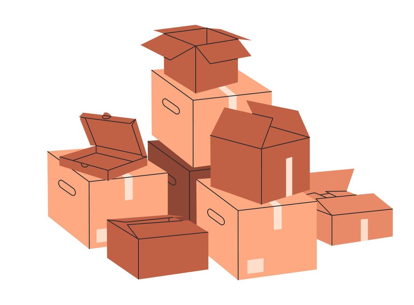 Cartoon cardboard boxes. Stacked cargo boxes pile, warehouse box stack flat illustration. Delivery or moving containers on white vector