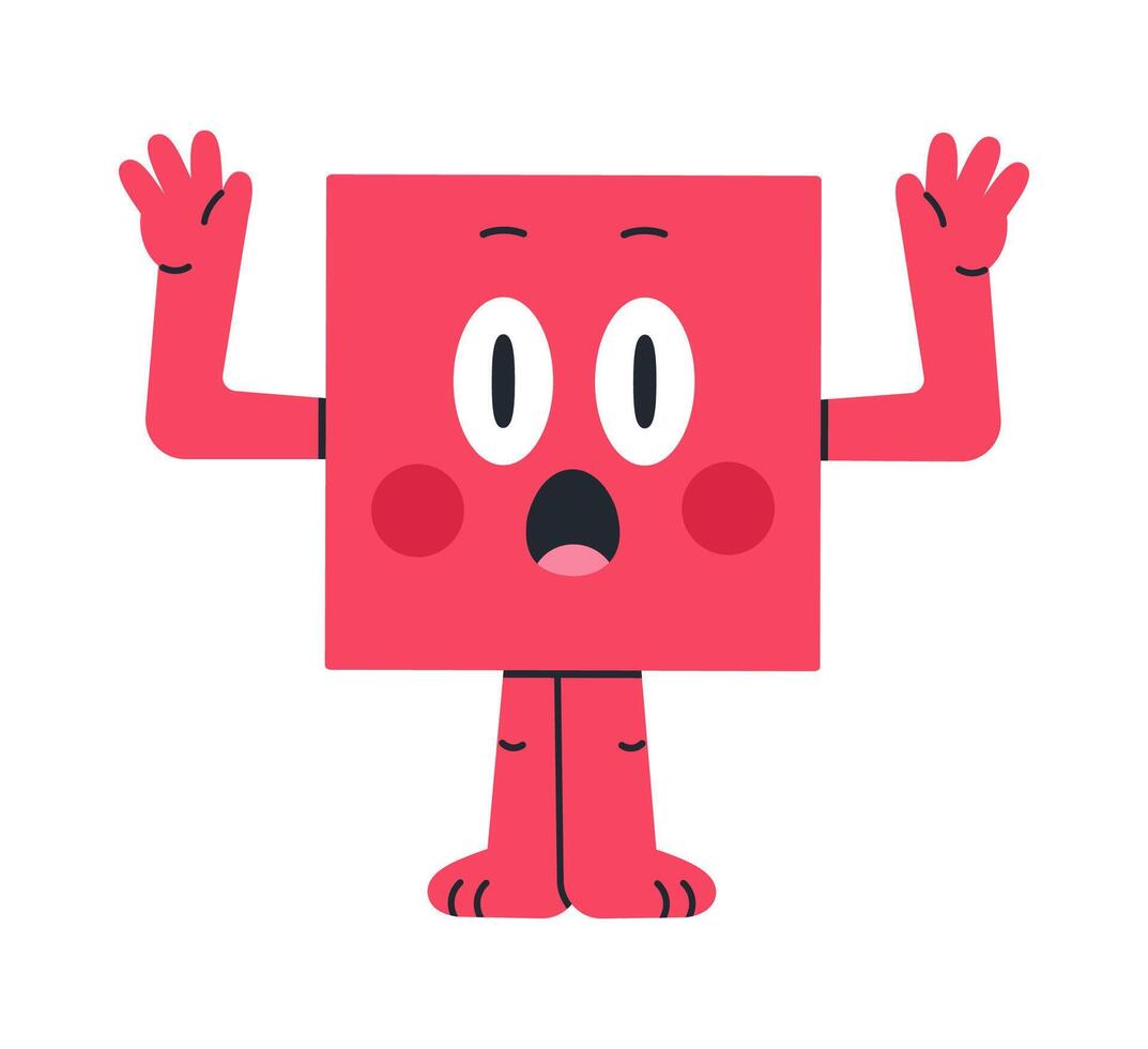 Geometric square mascot. Comic square character, cute comic square shape flat illustration. Cartoon square mascot with funny face vector