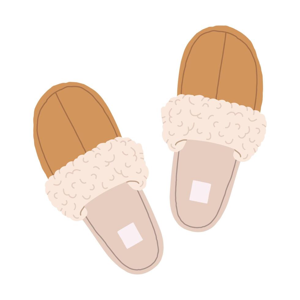 Cozy home footwear. Cartoon sheepskin indoor shoes, warm and comfy domestic slippers flat illustration. Cute house shoes vector