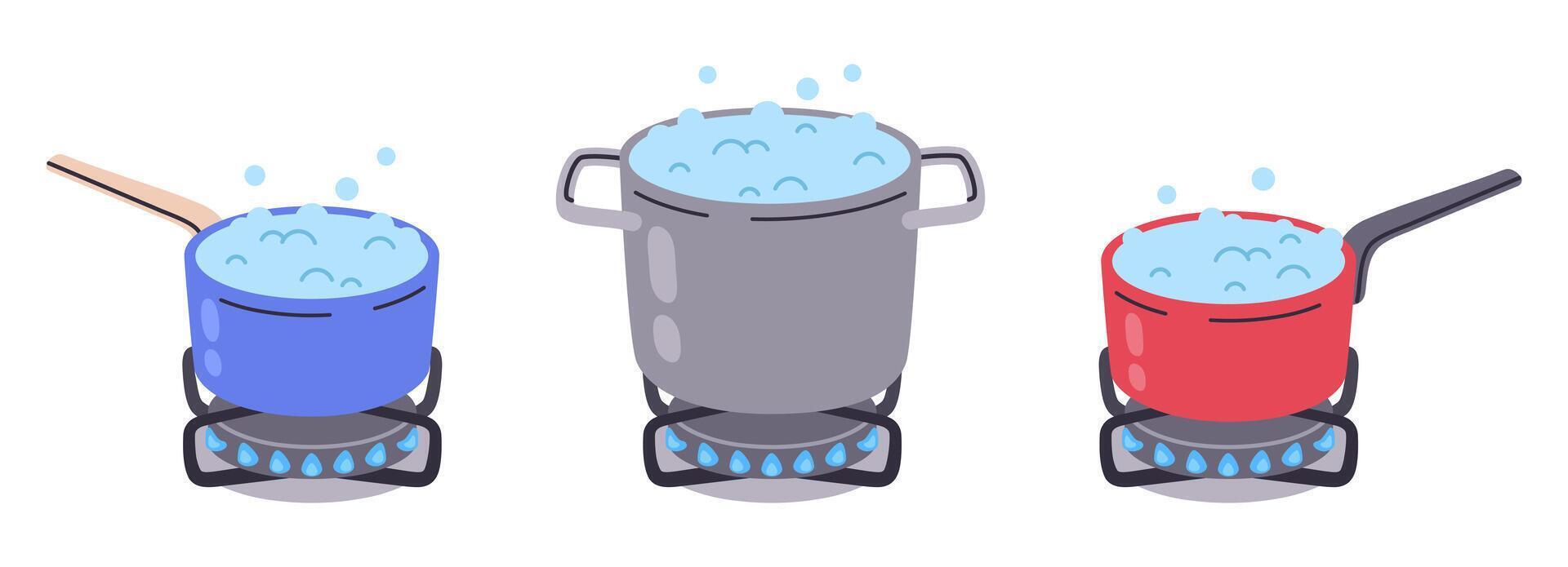 Pots of boiling water. Kitchen food preparing on gas burners, boiling water on stove flat illustration set. Dinner or breakfast cooking on gas stove vector