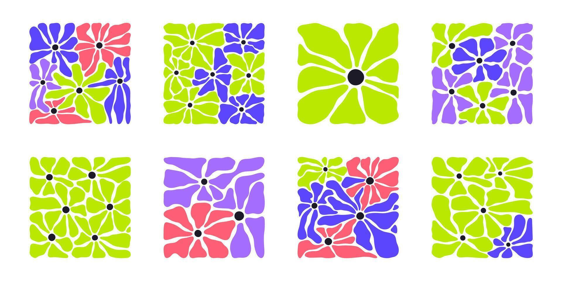 Abstract floral design shapes. Blooming flowers square, contemporary square shaped design elements flat illustration set. Modern flowers silhouettes vector