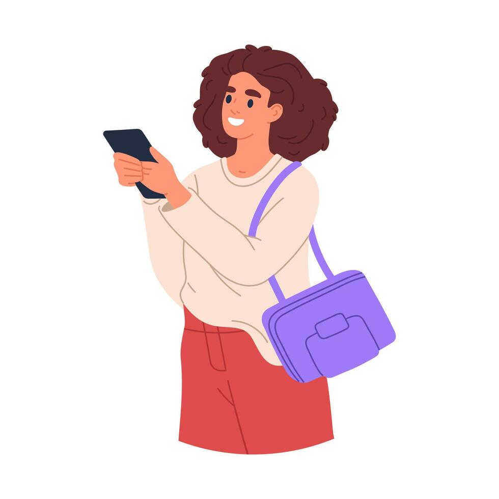 Female character texting via smartphone. Girl chatting, surfing internet or watching on gadget flat illustration. Young woman using smartphone vector
