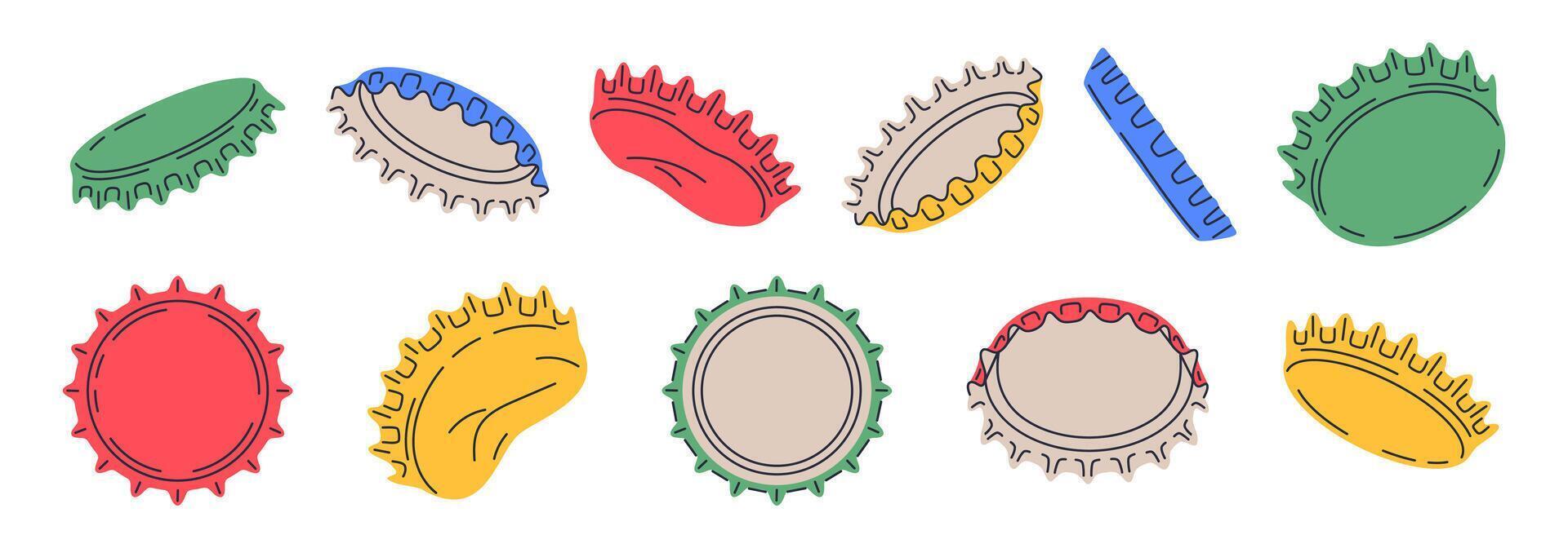 Glassware bottle caps. Metallic beer, soda or lemonade bottle caps, metallic lid for glass containers with refreshing beverages flat illustration set. Cartoon metal caps vector