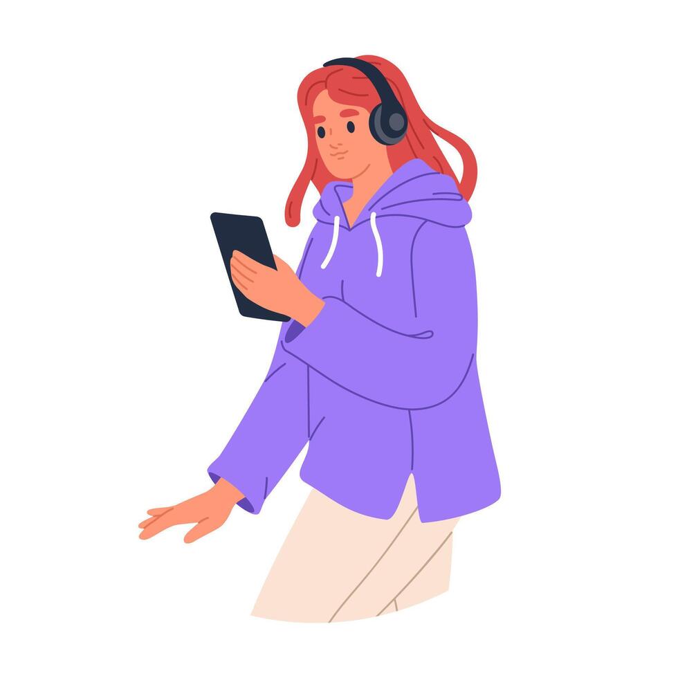 Woman using smartphone. Girl chatting or surfing internet, female character texting or watching on gadget flat illustration. Person with smartphone vector