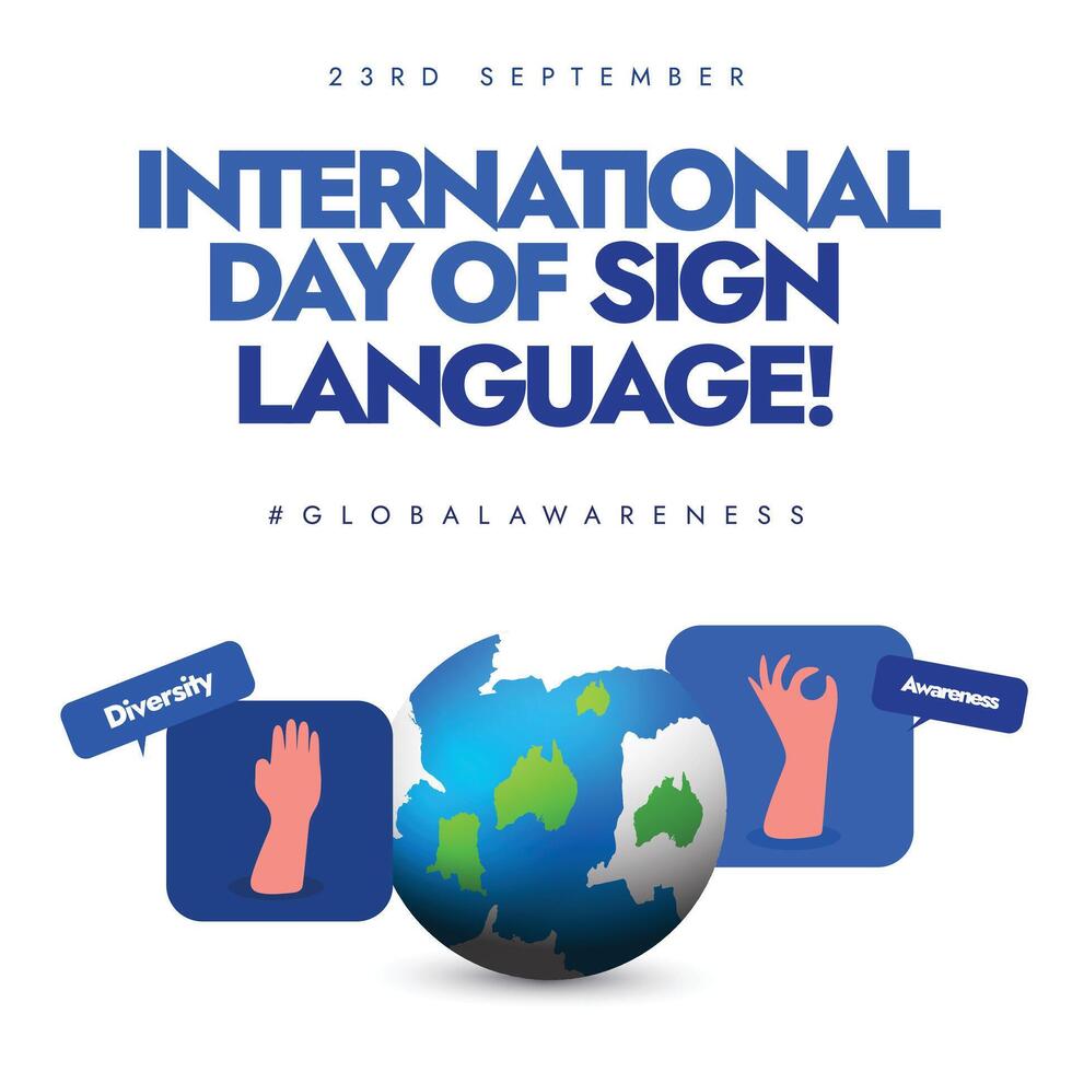 International Day of Sign Language background, post. 23 September Sign language day banner with hands making different signs, earth. The day raise awareness of sign language for rights of deaf people vector