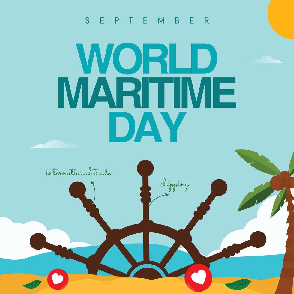 World maritime day. Maritime day celebration banner, background, post with sea cost, sea wheel. The theme for 2024 is Navigating the future safety first, to enhance safety in maritime operations vector