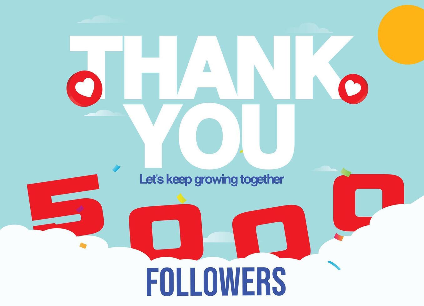 5000 followers, subscribers Thank you banner, post. 5k followers on social media celebration banner with heart icons. Five thousand subscribers. vector