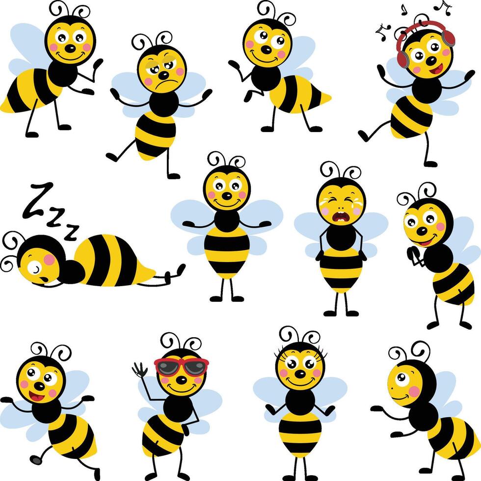 Set digital collage of cute bee in different positions and expression.cdr vector