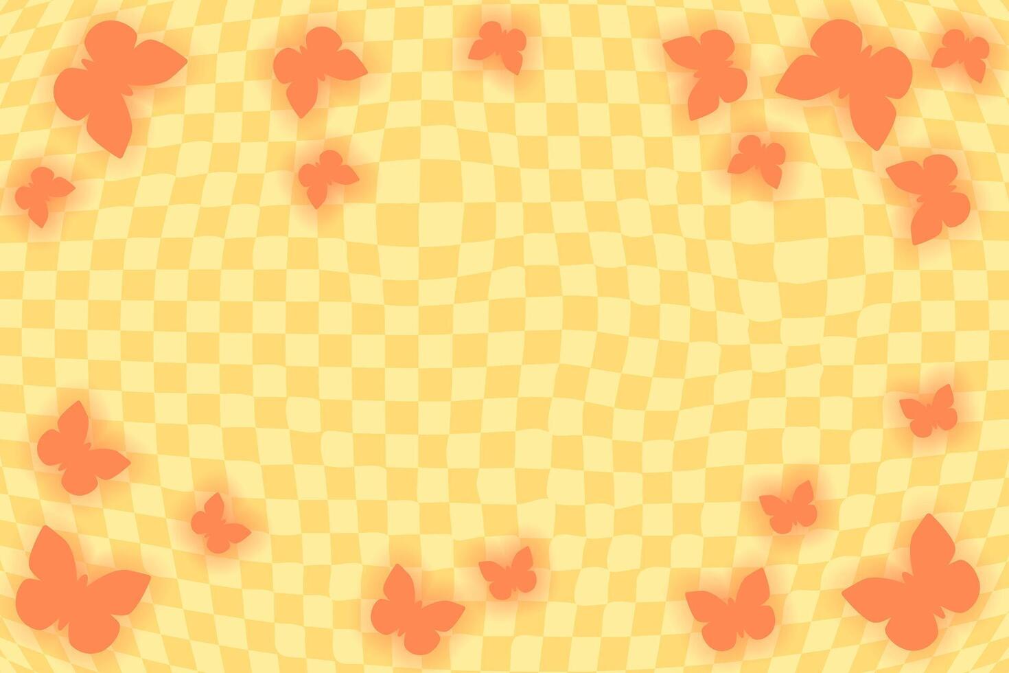 Orange retro psychedelic checkerboard pattern with butterflies. Groovy funky background. Stock illustration background in flat old school style. vector